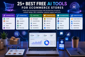 Best free AI tools for ecommerce stores comparison including AI writing, SEO, design, marketing, analytics, and customer support tools.