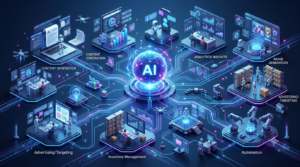 Types of AI tools for ecommerce including SEO, marketing and automation