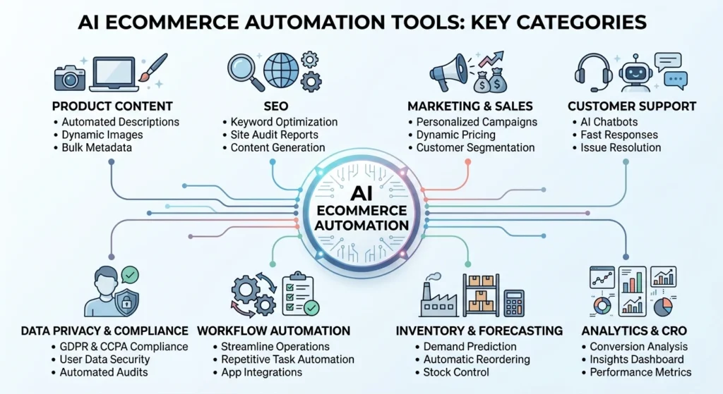 AI ecommerce automation categories and workflows