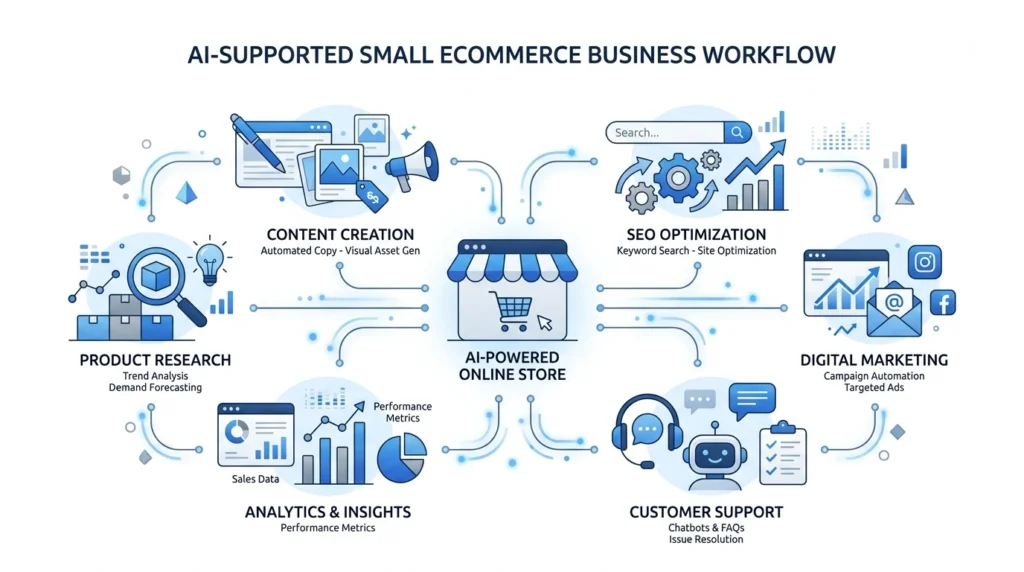 Ecommerce SEO process showing keyword research, content optimization, and internal links
