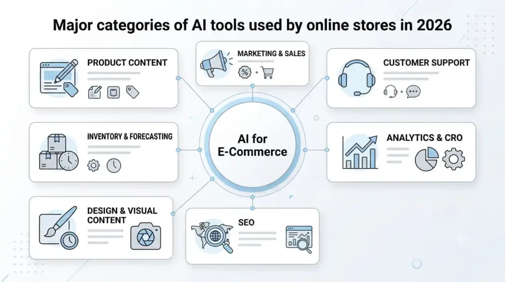 AI e-commerce tools organized by product content, SEO, marketing, support, analytics, design, and inventory