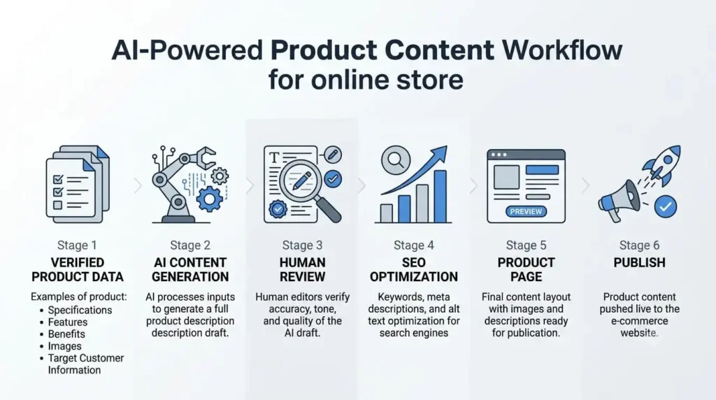 AI product content workflow from product data to optimized product pages