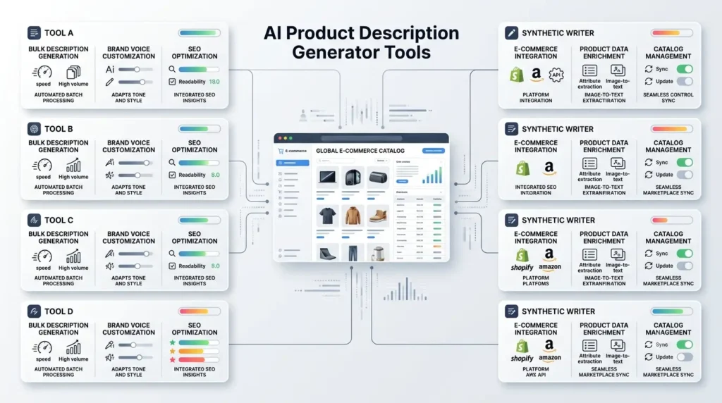 Comparison infographic showing ecommerce content tool features