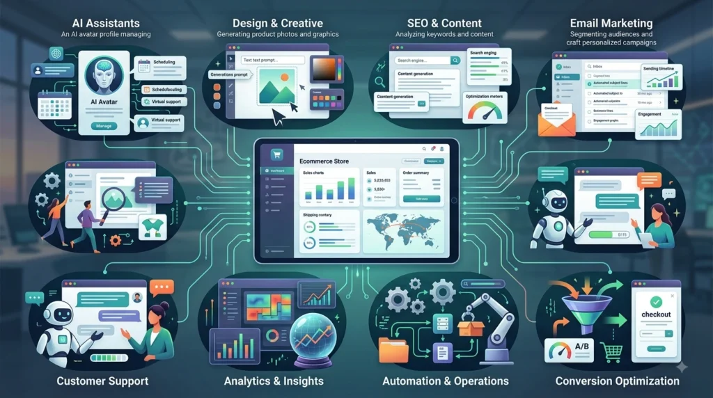 AI software categories for content, SEO, email marketing, analytics, and customer support