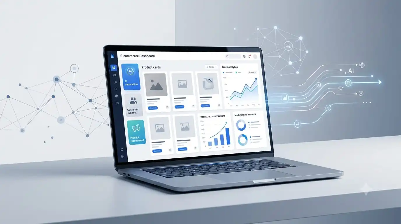 AI tools helping an online store manage content, marketing, analytics, and automation
