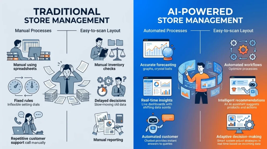 AI-powered and traditional ecommerce management comparison