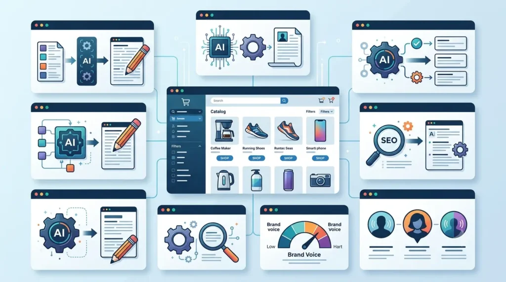 Ecommerce store surrounded by AI content tools