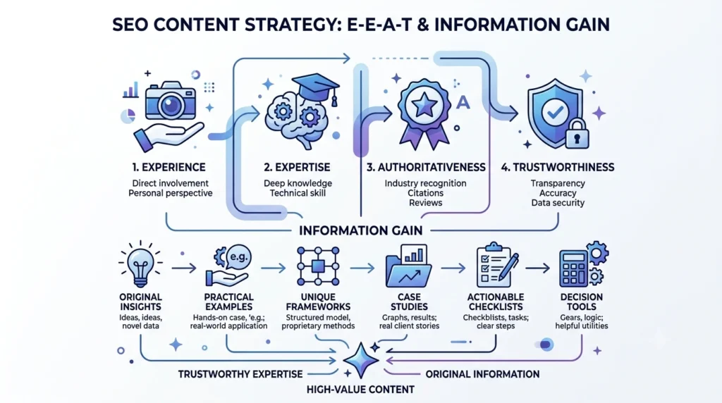 E-E-A-T and Information Gain framework for SEO content