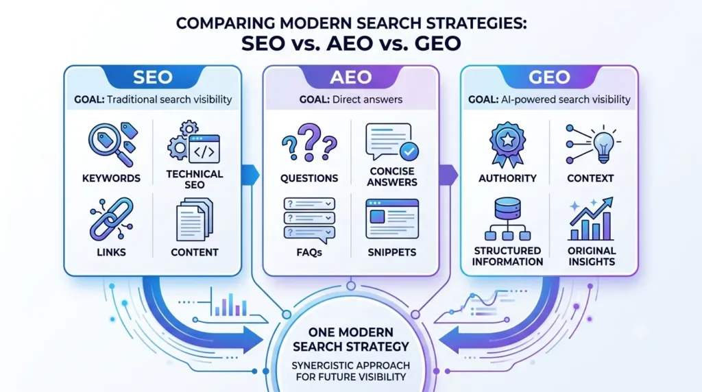 SEO AEO and GEO strategy for AI-powered eCommerce