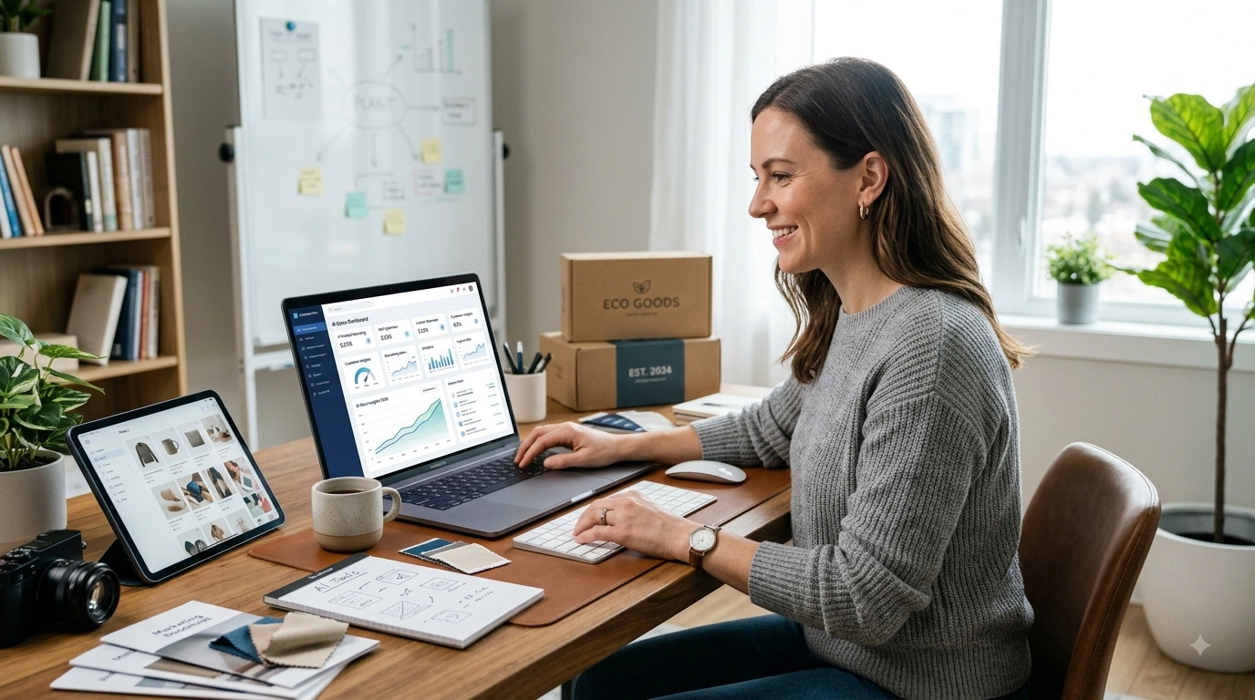 Small ecommerce owner managing an online store with AI tools