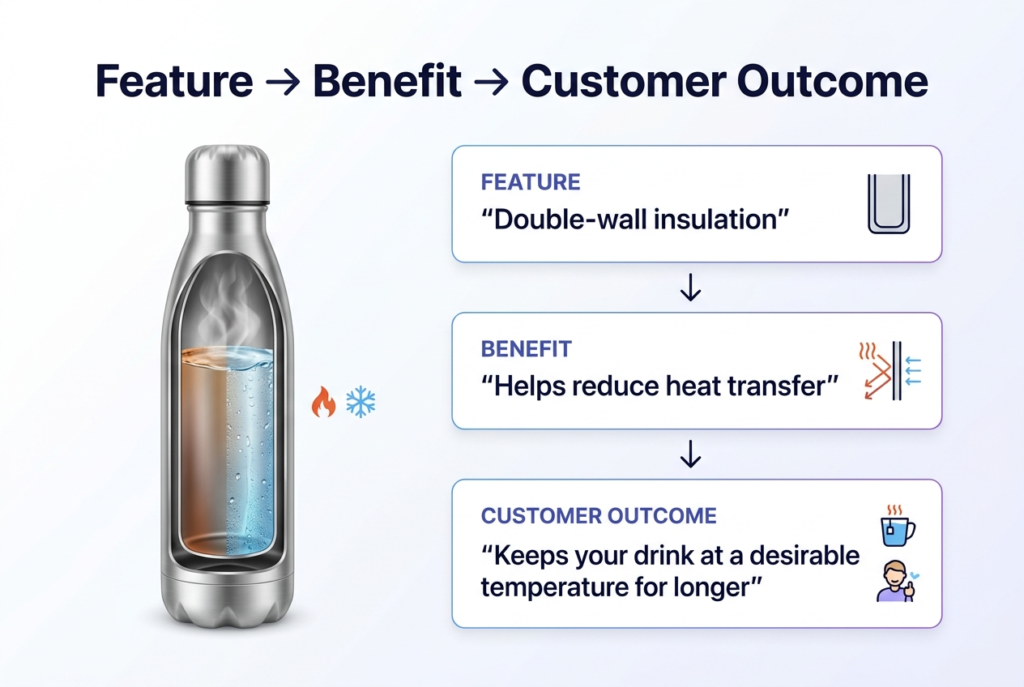 Feature benefit outcome framework for product descriptions